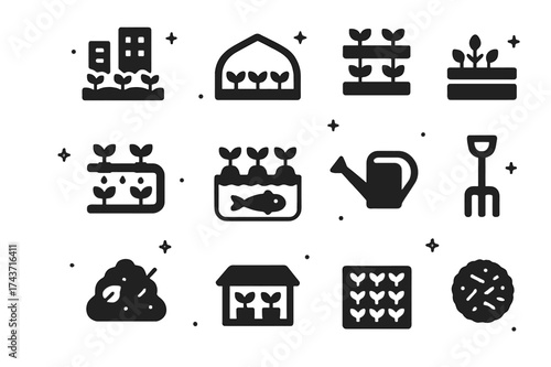 Urban Agriculture Icons. Urban Agriculture. Solid icons set of Urban Agriculture: urban farm, greenhouse, vertical garden, raised bed, hydroponic system,
