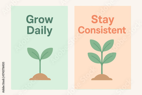 Balanced Growth Banners. Growth. Two vertical A6 banners with safe margins, centered composition, no elements touching edges, pastel style, mint and peach,
