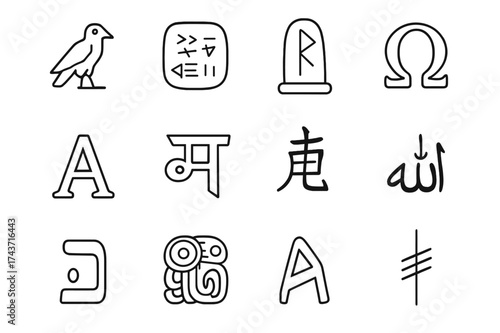 Ancient Script Icons. Ancient scripts. Line icon set of Ancient scripts: hieroglyph symbol, cuneiform tablet, runic stone, Greek letter, Latin letter, Sanskrit