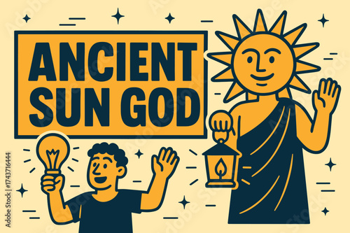 Sun God Banner. Ancient Sun God banner, flat vector illustration, bold oversized text inside rectangular frame, cartoon characters standing and waving, holding