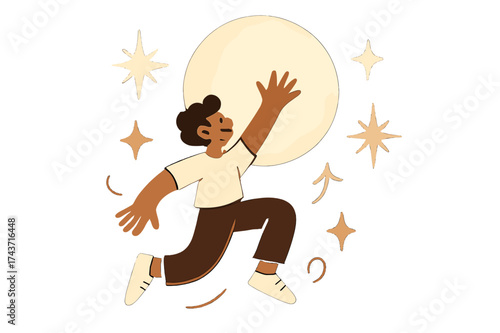 Reaching for Supermoon. Supermoon night. A massive glowing moon dominates the sky, a character reaching toward it with abstract spark icons surrounding. Modern