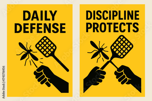 Mosquito Defense Banners. Swatting mosquitoes. Two vertical A6 banners with safe margins, centered composition, no elements touching edges, sharp minimal
