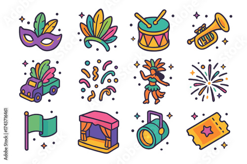 Carnival Icon Extravaganza. Carnival. Colorful isometric vector icons set of carnival: mask, feather headdress, drum, trumpet, float, confetti, dancer,
