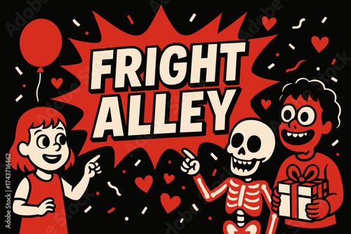 Fright Alley Festivities. Fright Alley banner, flat vector illustration, bold oversized text inside comic burst, cartoon characters standing and pointing,