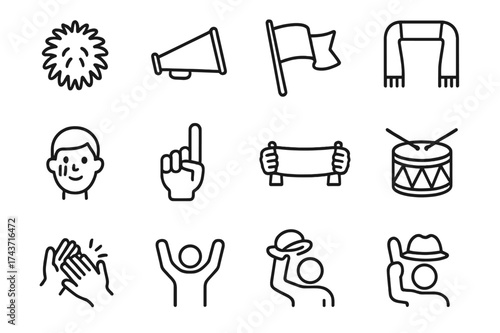 Cheer Icons Collection. Cheer and support. Line icon set of cheer and support: pom-poms, megaphone, flag, scarf, painted face, foam hand, banner, drum,