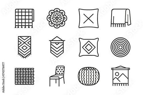 Finished Project Icons. Finished projects. Line icon set of Finished projects: knitted blanket, crochet doily, cushion cover, throw, table runner, wall