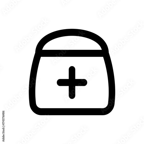 Illustration of a black and white medical bag with a plus sign in the center on a white background design