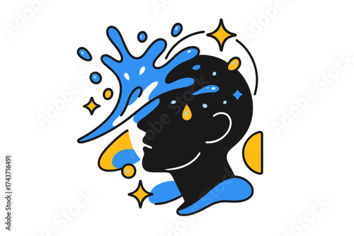Icy Face Splash. Cold Awakening. Abstract scene of water splashing across a face silhouette, glowing droplets floating like icy sparks. Modern flat-line