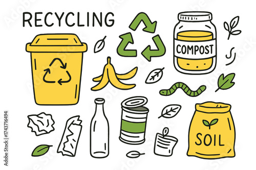 Eco-Friendly Doodle Art. Recycling & Compost. Hand-drawn doodle illustration recycling bin (colored), compost jar, arrows symbol (colored), banana peel, paper