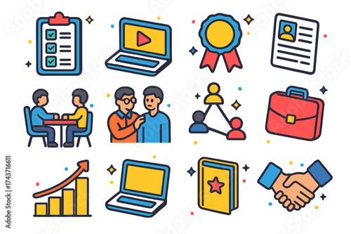 Professional Development Icons. Professional growth. Colorful isometric vector icons set of professional growth: skill checklist, online courses, certification