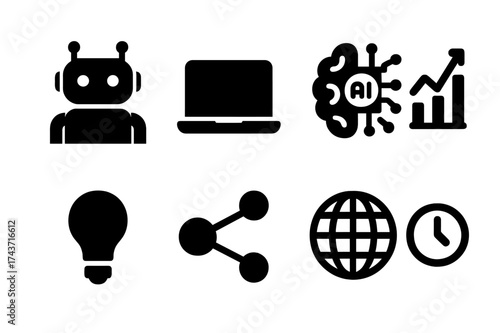 Future Work Icons. Future of work. Filled icon set of Future of work: robot, laptop, AI brain, chart, light