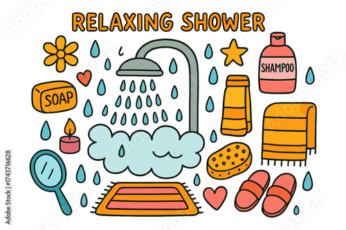 Children's Colorful Shower Icons. Relaxing Shower. Colorful Hand-drawn doodle Children illustration shower head, steam cloud, soap bar, shampoo bottle, towel,