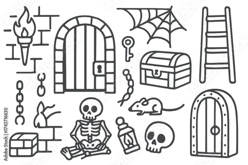 Dungeon Exploration Icons. Castle dungeon. Hand-drawn doodle illustration castle dungeon torch, stone wall, barred gate, lock, key, skeleton, chains, cobweb,