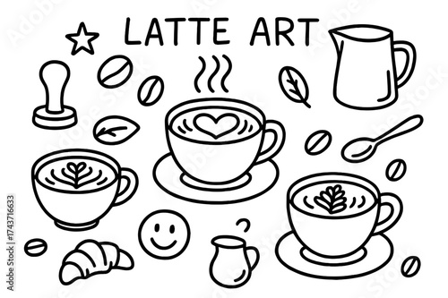 Latte Art Icons. Latte Art. Hand-drawn doodle illustration Latte Art coffee cup, heart foam, leaf foam, rosetta foam, milk pitcher, steam lines, tamper, spoon,