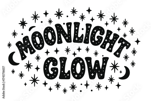 Moonlight Glow Display. Moonlight Glow ? Decorative Display Lettering: playful star and dot-filled chunky letters, arched layout with surrounding doodle stars,