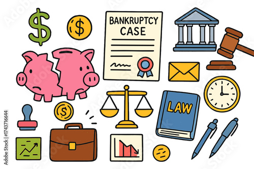 Bankruptcy Symbols Illustration. Bankruptcy Case. Colorful Hand-drawn doodle Children illustration broken piggy bank, dollar sign, coin, paper contract, stamp,