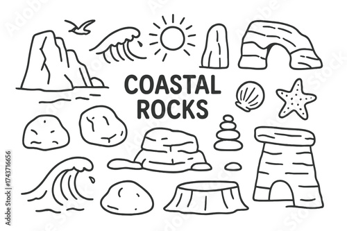 Coastal Rocks Doodle. Coastal rocks. Hand-drawn doodle illustration coastal rocks wave, cliff, arch rock, boulder, pillar, crack, seagull, shell, starfish,