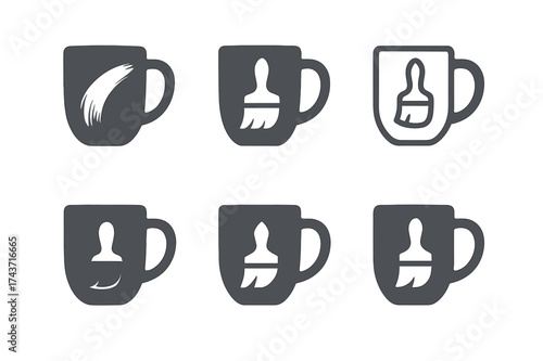 Paintbrush Logo Mugs. Creating custom ceramic mugs and cups. Set Logo of paintbrush on mug: mug decorated with brushstroke detail. harmonious logo variations