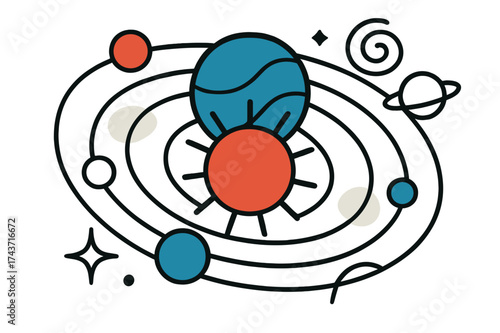 Cosmic Unity Illustration. Solar System. A glowing planet with multiple others orbiting around a central star, abstract spark and swirl icons symbolizing