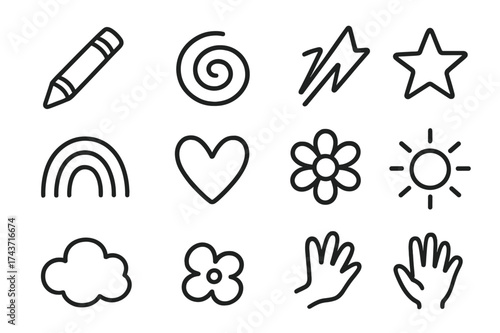 Creative Doodles Icons. Creative doodles. Line icon set of creative doodles: crayon, swirl, zigzag, star, rainbow, heart, flower, sun, cloud, hand drawing. All