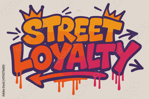 Energetic Urban Graffiti. Street Loyalty ? Graffiti Simplified, chunky tilted bubble letters with dripping edges, arrows and crowns, flat spray-fill, energetic