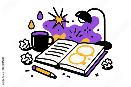 Creative Mess on Desk. Messy Desk. A notebook with glowing circular coffee stains, abstract sparks and floating drops symbolizing creativity in chaos. Modern