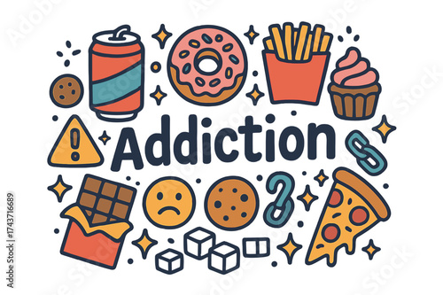 Food Addiction Doodles. Addiction. Hand-drawn doodle illustration of Addiction. Candy, donut, cupcake, soda