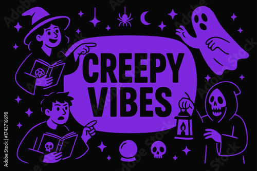 CreepyVibes Neon Banner. CreepyVibes banner, flat vector illustration, bold oversized text inside rounded blob, cartoon characters pointing and gesturing at