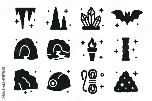 Cave Icon Collection. Cave Wonders. Solid icons set of Cave Wonders: stalactite, stalagmite, crystal cluster, bat, cave entrance, underground river, torch,