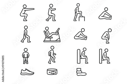 Leg Workout Icons. Leg Workouts. Line icon set of Leg Workouts: squats, lunges, step-ups, calf raises, leg press, hamstring stretch, resistance band, jump
