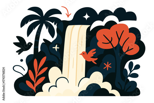 Tropical Cascade Bliss. Jungle waterfall. A glowing cascade flows down surrounded by stylized tropical trees and abstract mist shapes. Birds and spark-like