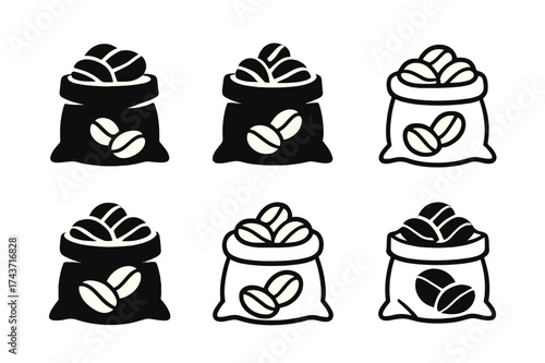 Coffee Logo Variations. Sacks of coffee beans. Set Logo of Coffee: coffee beans pile icon. harmonious logo variations of the same emblematic concept, each with