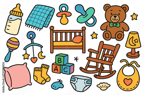 Bedtime Baby Essentials. Bedtime. Colorful Hand-drawn doodle Children illustration Baby bottle, blanket, pacifier, crib, teddy bear, night lamp, rattle,