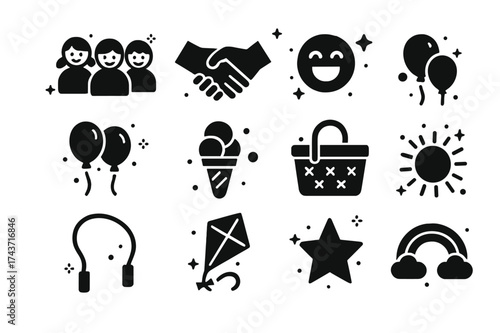 Friendship Play Icons. Friendship Play. Solid icons set of Friendship Play: group of kids, handshake, shared toy, laughter symbol, balloons, ice cream, picnic