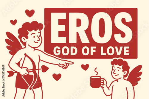 Eros Banner Design. Eros God banner, flat vector illustration, bold oversized text inside rectangular frame, cartoon characters standing and pointing, holding