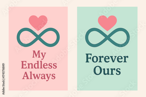 Endless Love Banners. Romance. Two vertical A6 banners with safe margins, centered composition, no elements touching edges, flat vector design, pastel pink and