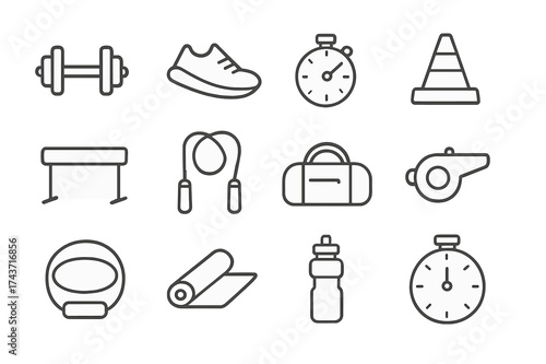 Training Icon Set. Training and practice. Line icon set of training and practice: dumbbell, running shoes, stopwatch, cone, hurdle, skipping rope, gym bag,