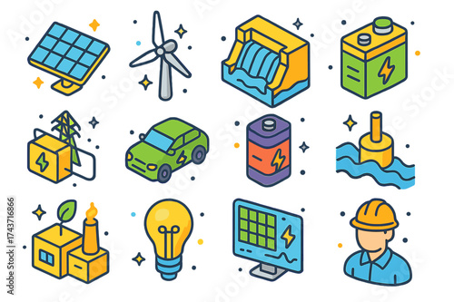 Sustainable Energy Icons. Sustainable energy. Colorful isometric vector icons set of sustainable energy: solar panel, wind turbine, hydroelectric power, energy