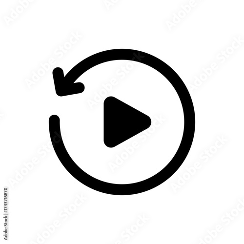 Circular arrow pointing left around a play button indicating replay or refresh functionality usage icon