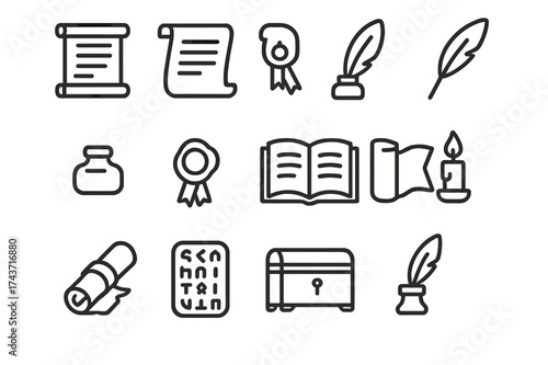 Ancient Manuscript Icons. Ancient manuscripts. Line icon set of Ancient manuscripts: scroll, parchment sheet, quill pen, ink bottle, wax seal, open book,