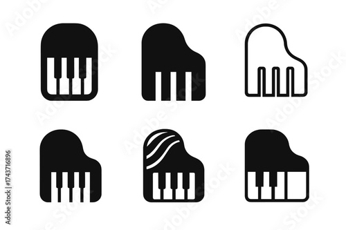 Piano Key Logo Variations. Musician. Set Logo of Music: piano keys. harmonious logo variations of the same emblematic concept, each with different artistic