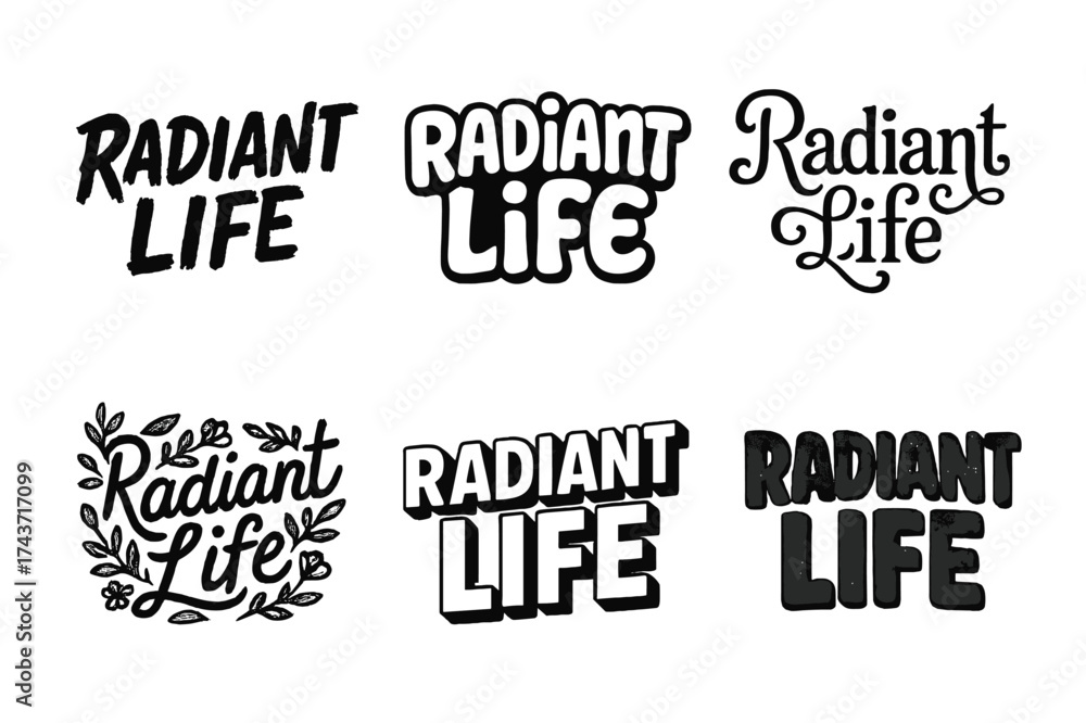 Obraz premium Radiant Life Lettering. Radiant Life. Set lettering. harmonious lettering variations of the same emblematic concept (Grunge textured brush lettering, Funky