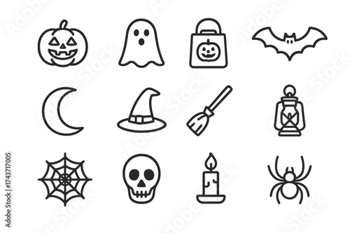 Halloween Icon Grid. Halloween party. Line icon set of Halloween party: pumpkin, ghost, candy bag, bat, moon, witch hat, broomstick, lantern, cobweb, skull,