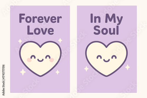 Kawaii Love Banners. Love. Two vertical A6 banners with safe margins, centered composition, no elements touching edges, kawaii style, lavender and cream,
