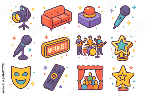 Entertainment Icons Set. Entertainment Shows. Colorful isometric vector icons set of Entertainment Shows: stage spotlight, talk show sofa, game show buzzer,