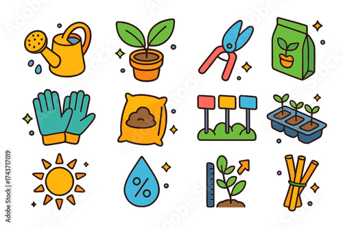Colorful Plant Care Icons. Plant care. Colorful isometric vector icons set of plant care: watering can, potted plant, pruning shears, fertilizer bag, gloves,