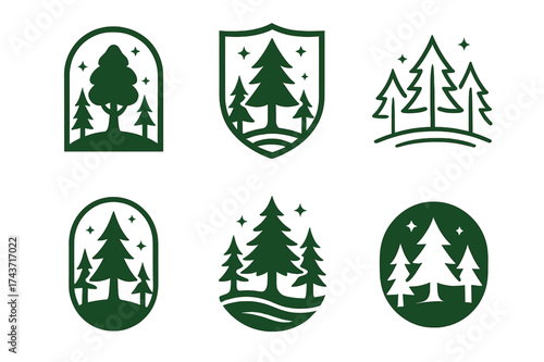 Fantasy Realm Logos. Fictional world. Set Logo of Fantasy realm: enchanted forest. harmonious logo variations of the same emblematic concept, each with