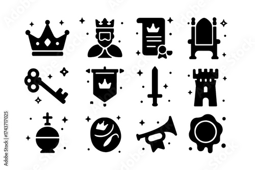 Monarchy Icons Set. Monarchy. Solid icons set of Monarchy: crown jewels, king?s portrait, royal decree, coronation chair, golden key, banner crest, knight