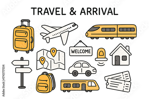 Travel Adventure Essentials. Travel & Arrival. Hand-drawn doodle illustration suitcase (colored), airplane, train (colored), car, map with pins (colored),