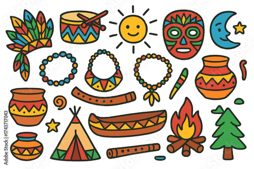 Cultural Heritage Icons. Heritage. Colorful Hand-drawn doodle Children illustration Feather headdress, mask, drum, pottery, beads, necklace, flute, canoe, sun,
